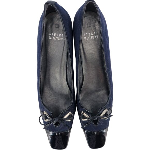 Stuart Weitzman 8.5AAAA Navy Crepe Fabric Black Leather Dress Bow Heels Womens - Picture 11 of 15